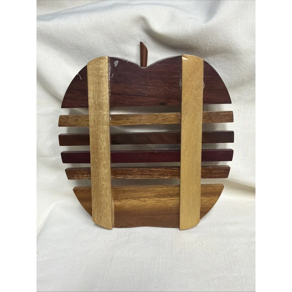 Apple Shaped Wooden Trivet With Multiple Brown Tone Wood Slats
